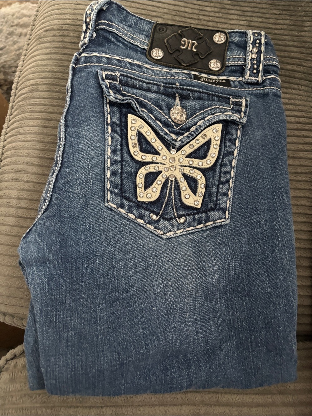 Miss Me Blue Denim Boot Cut Jeans with Embellished Butterfly Pocket